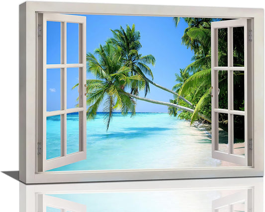 Tropical Palm Beach Wall Art Coastal Ocean Bathroom Pictures Wall Decor 3D Window Canvas Prints Framed Modern Seascape Landscape Painting Artwork for Living Room Hotel Kitchen Offic 16"X12"