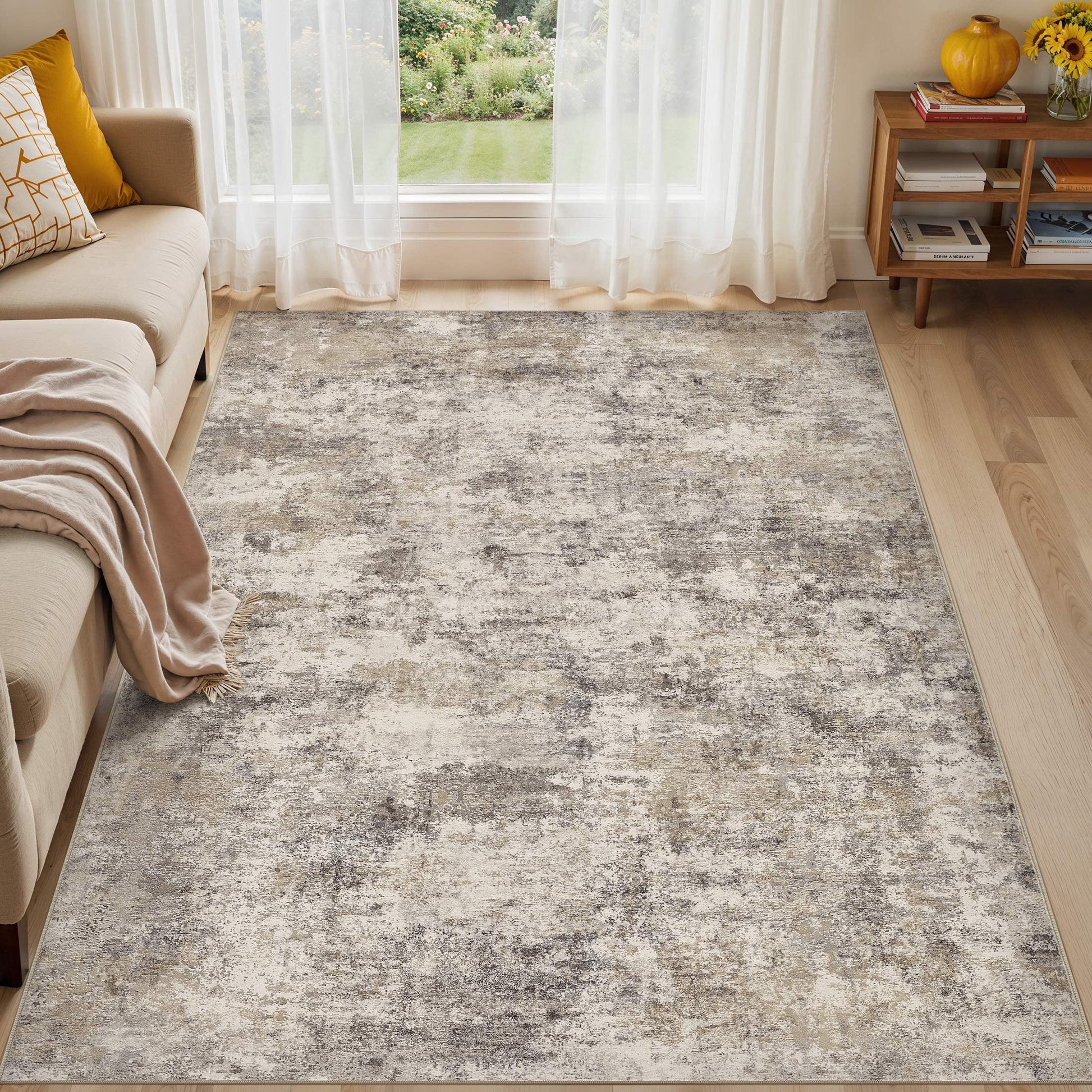 5'X7' Washable Area Rugs for Living Room, Modern Abstract Printed Carpet, Non Slip Indoor Rug for Bedroom Home Decor Carpets, Gold Brown