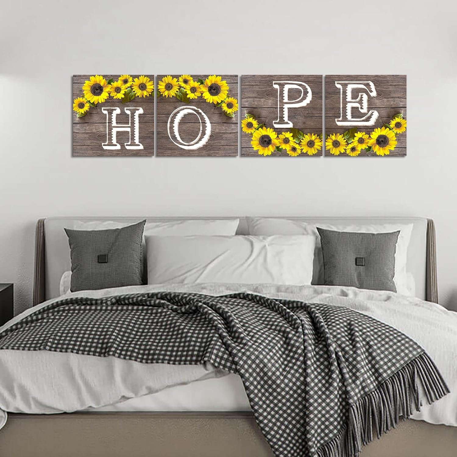 Hope Sign Sunflower Wall Art for Living Room Bathroom Decor Wall Art Set, Kitchen Wall Art Farmhouse Wall Art, 4 Piece Motivational Canvas Wall Art Prints Pictures for Bedroom Wall Decor