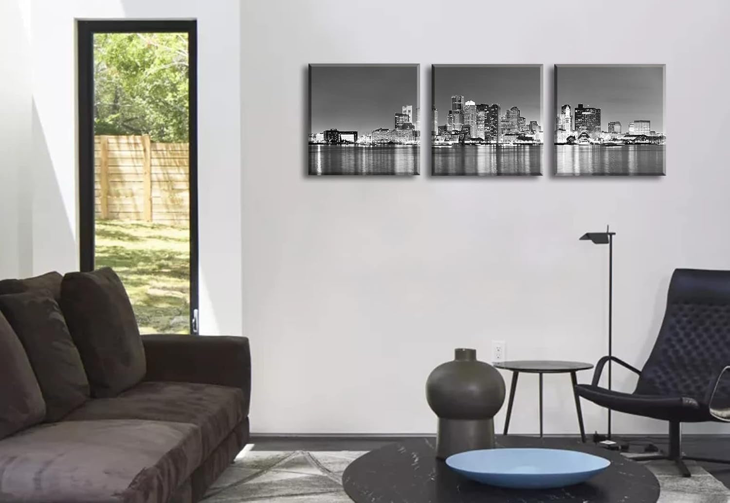 Boston Skyline Canvas Wall Art, Black and White City Night Scene Art Prints, Framed Panoramic Cityscape Pictures, Modern Living Room Bedroom Office Decor, Set of 3 (16X16 Inch)