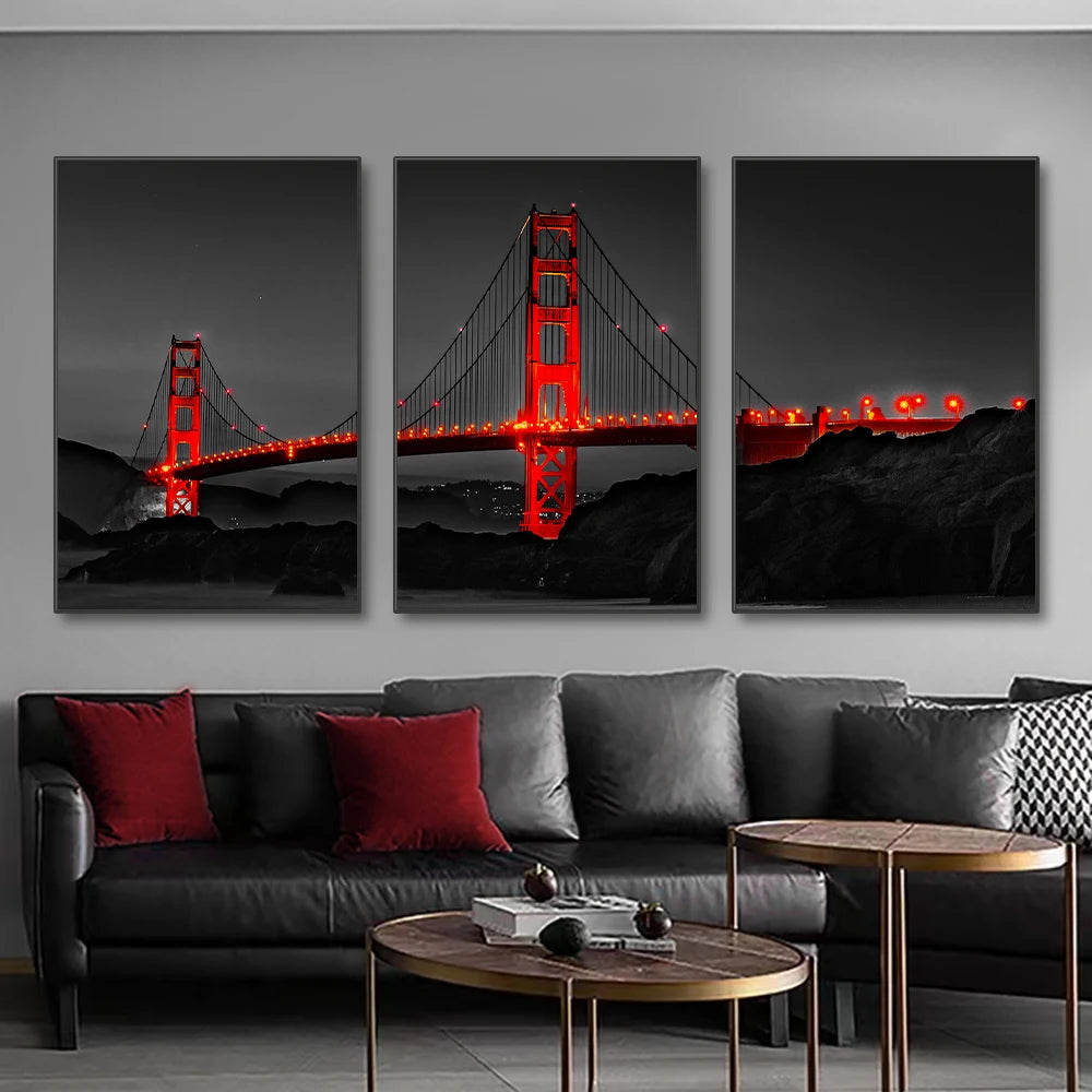 3PCS Frameless Poster Golden Gate Bridge Night Landscape Canvas Painting Wall Art Prints Pictures for Living Room Home Decor