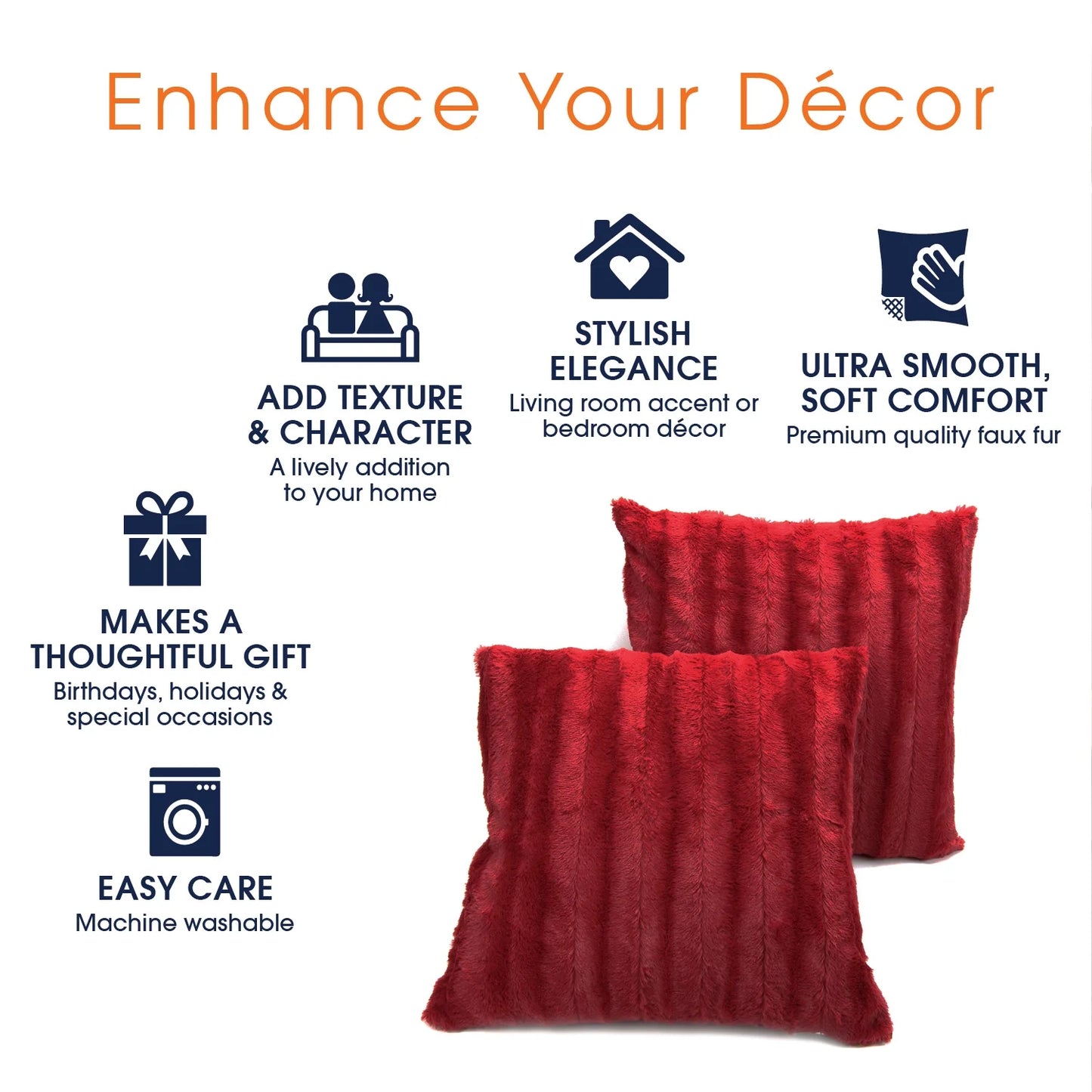 Decorative Faux Fur Throw Pillows 24" X 24", Set of 2 - Maroon