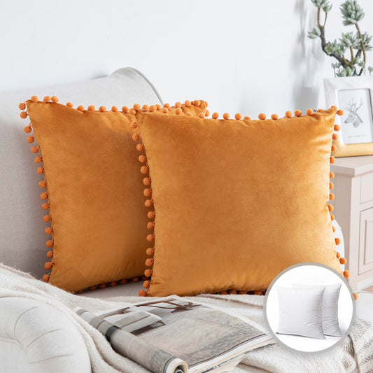 Pom Pom Velvet Series Decorative Throw Pillow, 18" X 18", Orange, 2 Pack