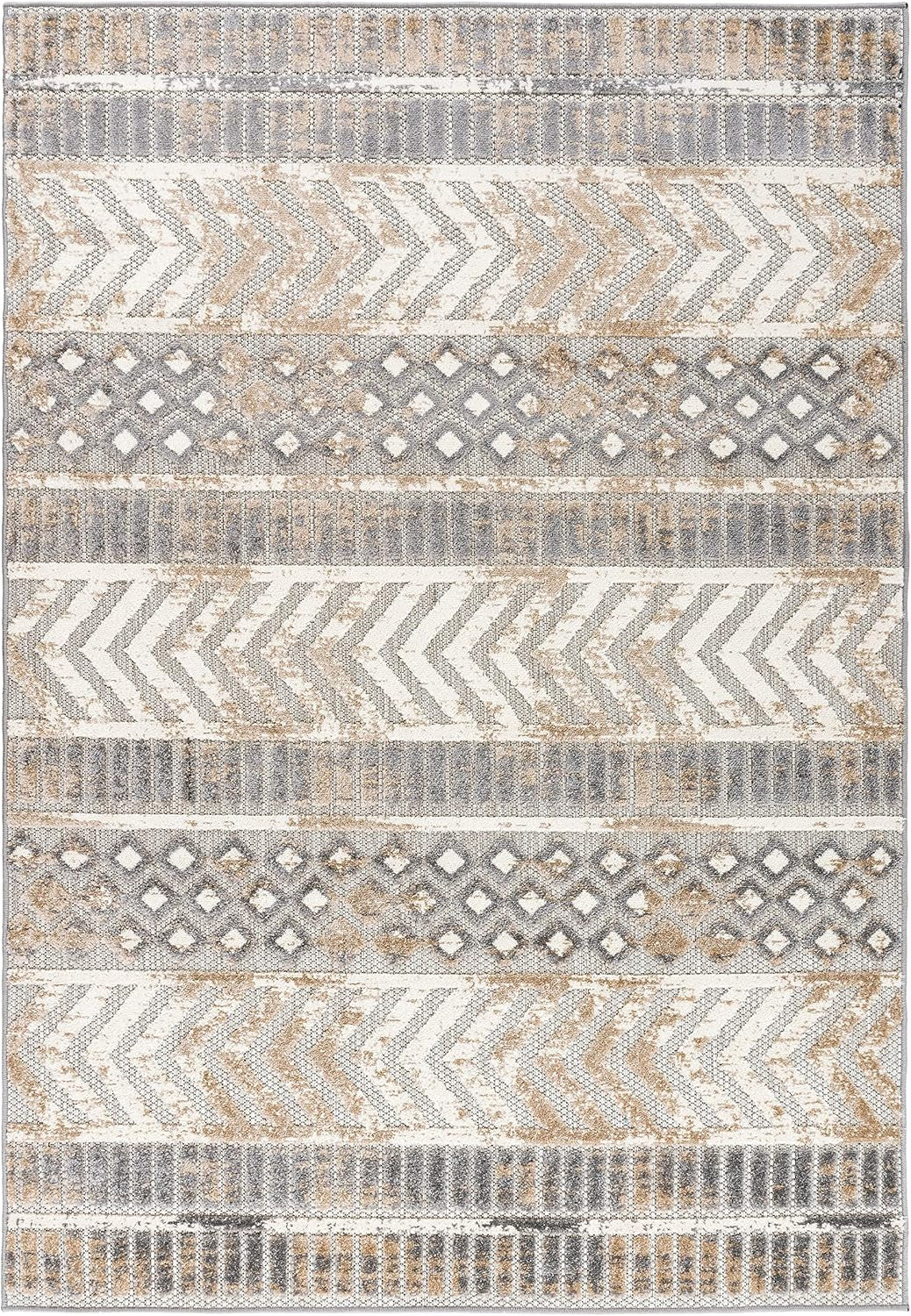 Distressed Geometric Indoor/Outdoor Beige Area Rug Modern Tribal Stripe, Durable Stain Resistant Perfect for Patio, Backyard, Deck and Outdoor Lounge 7'10" X 10'