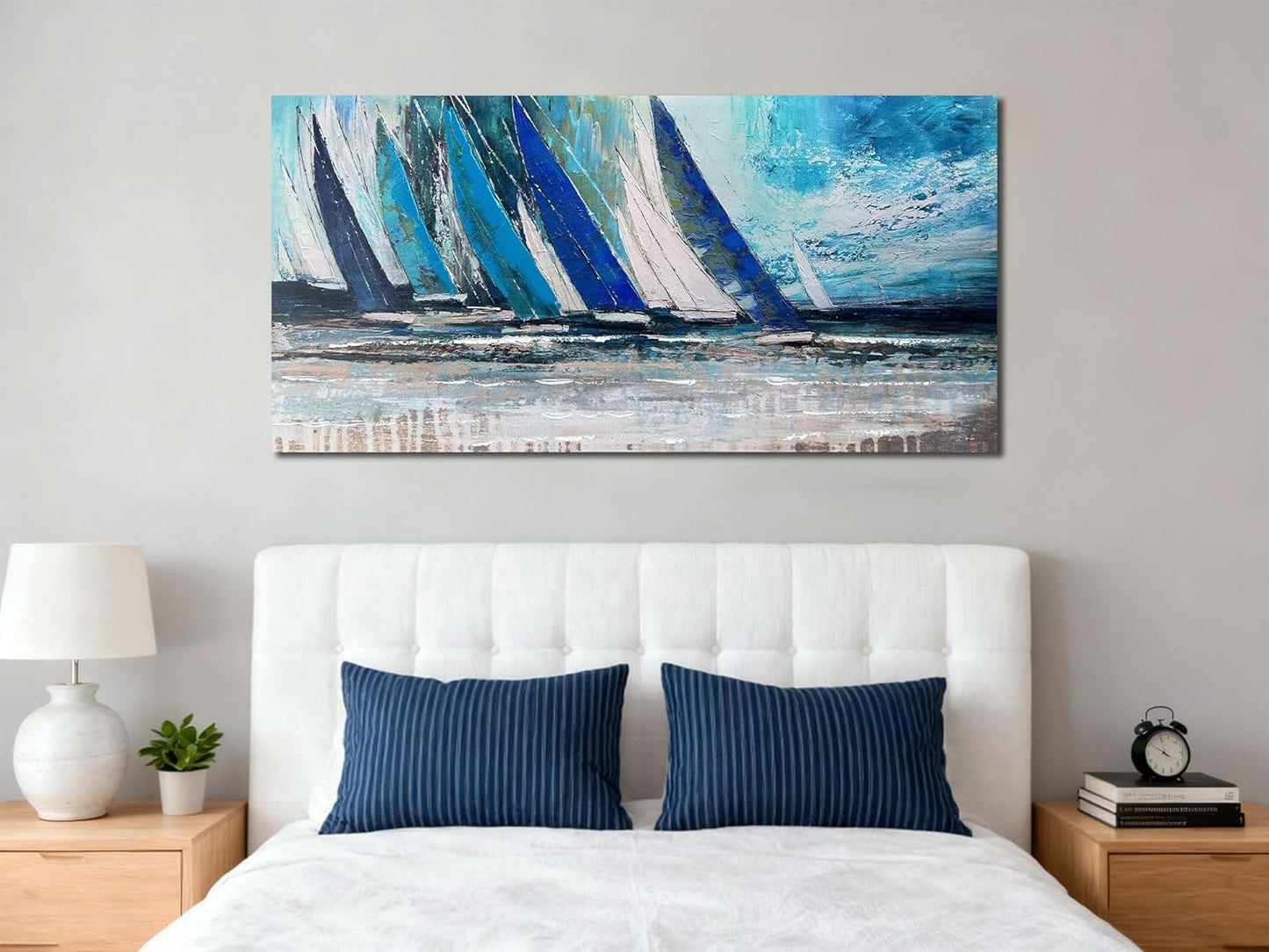 Blue Abstract Wall Art Canvas for Living Room, Nautical Art Wall Decor Teal Sailboat Textured Bedroom Picture Modern Coastal Painting Large Framed Artwork Home Office 48"X24"