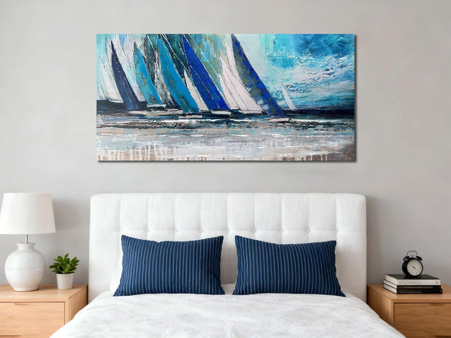 Blue Abstract Wall Art Canvas for Living Room, Nautical Art Wall Decor Teal Sailboat Textured Bedroom Picture Modern Coastal Painting Large Framed Artwork Home Office 48"X24"