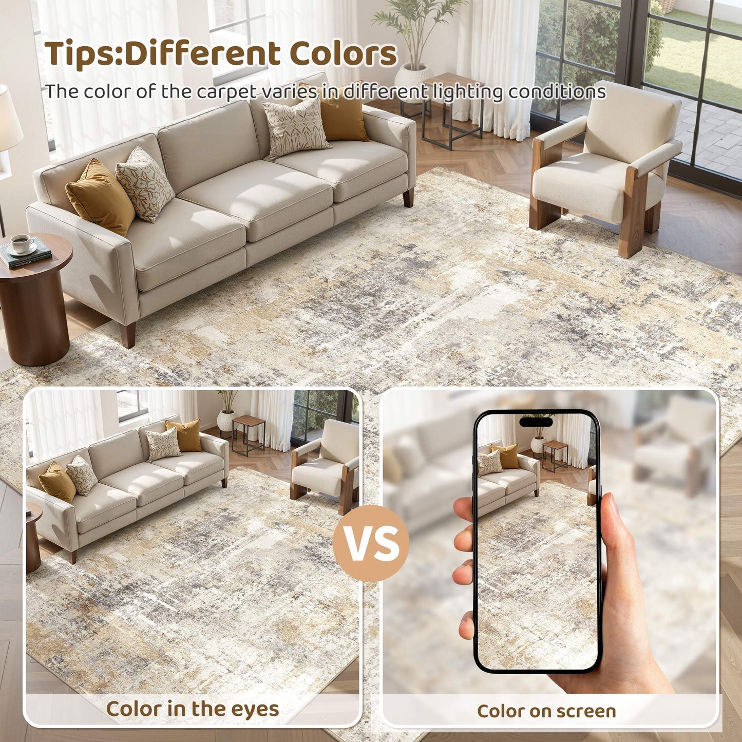 9'X12' Large Area Rugs for Living Room, Washable Non Slip Indoor Rug for Bedroom Home Decor Carpets, Modern Abstract Printed Carpet, Grey Gold