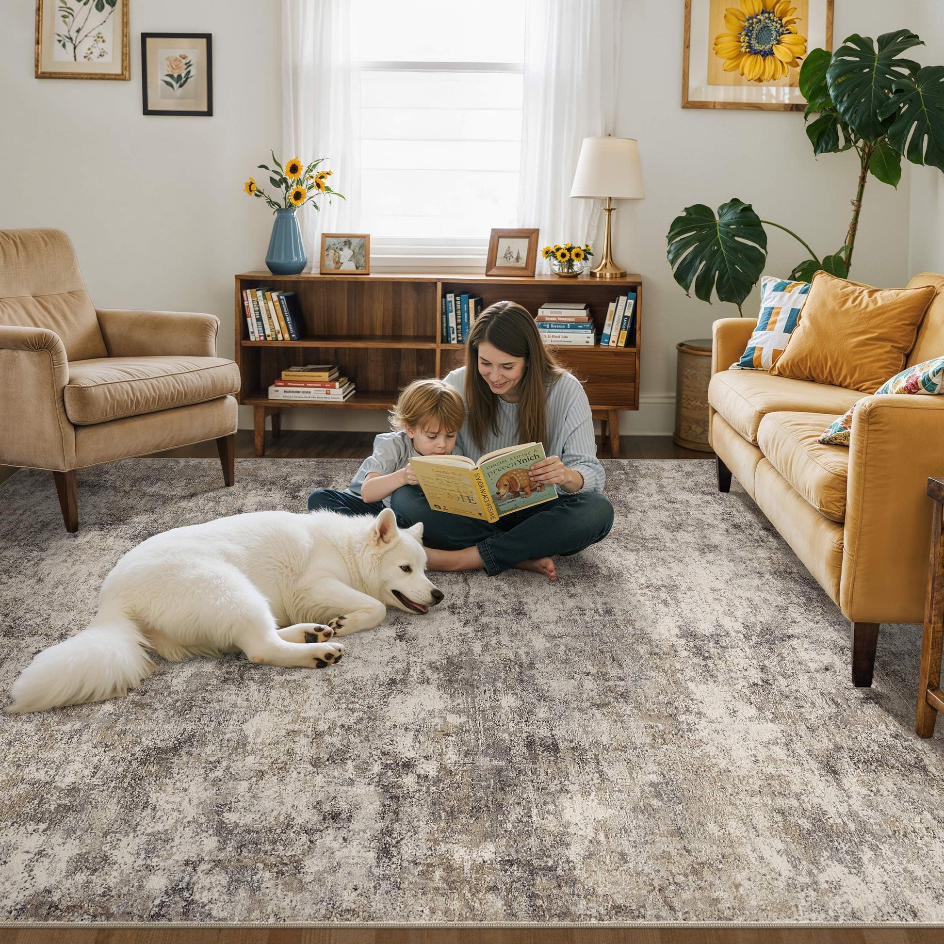 5'X7' Washable Area Rugs for Living Room, Modern Abstract Printed Carpet, Non Slip Indoor Rug for Bedroom Home Decor Carpets, Gold Brown