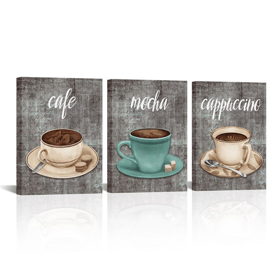 3 Pieces 12X16Inch Coffee Framed Canvas Wall Art Girls Vintage Teal and Grey Painting Kitchen Framed Wall Decor Cappuccino Mocha Cafe Print Pictures Artwork Stretched Ready to Hang
