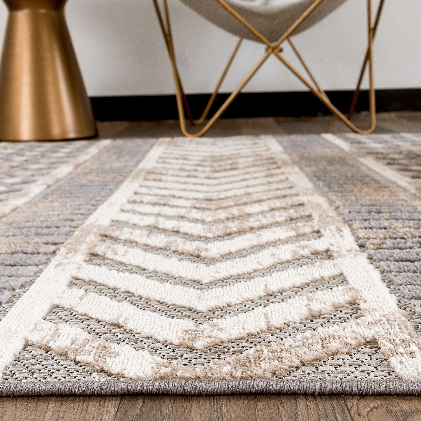 Distressed Geometric Indoor/Outdoor Beige Runner Rug Modern Tribal Stripe, Durable Stain Resistant Low Profile Perfect for Patio, Backyard, Deck and Outdoor Lounge 2' X 7'
