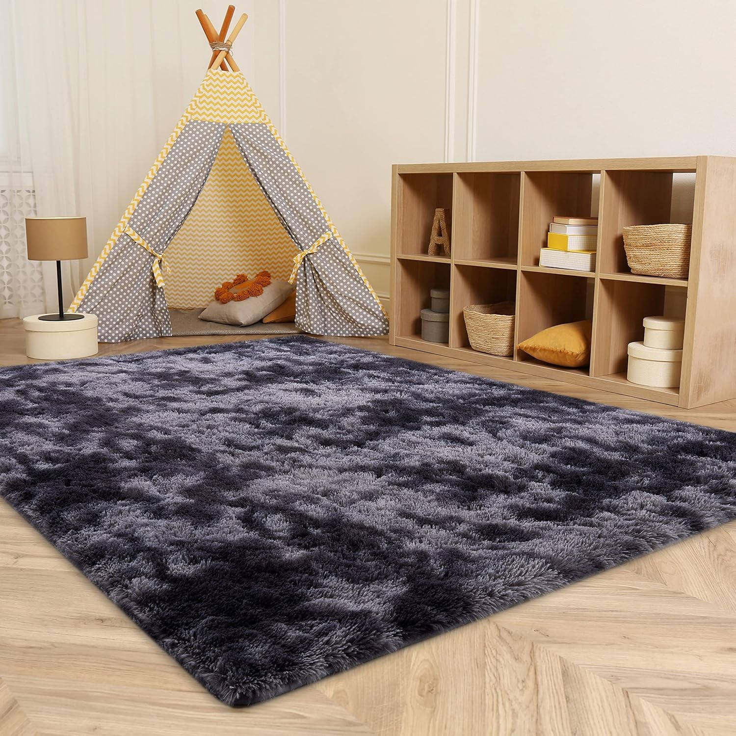 Shag Ultra Soft Area Rug, Non-Skid Fluffy 6'X9' Tie-Dyed Grey&Blue Fuzzy Indoor Large Faux Fur Rugs for Living Room Bedroom Nursery Decor Furry Carpets Kids Playroom