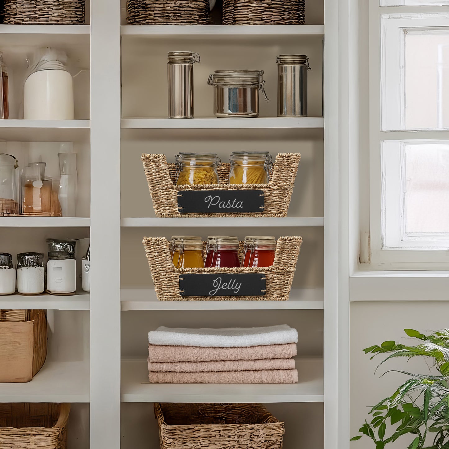 2Pk Wide Pantry Baskets, Wicker Hyacinth Seagrass Kitchen Shelf Storage Bins