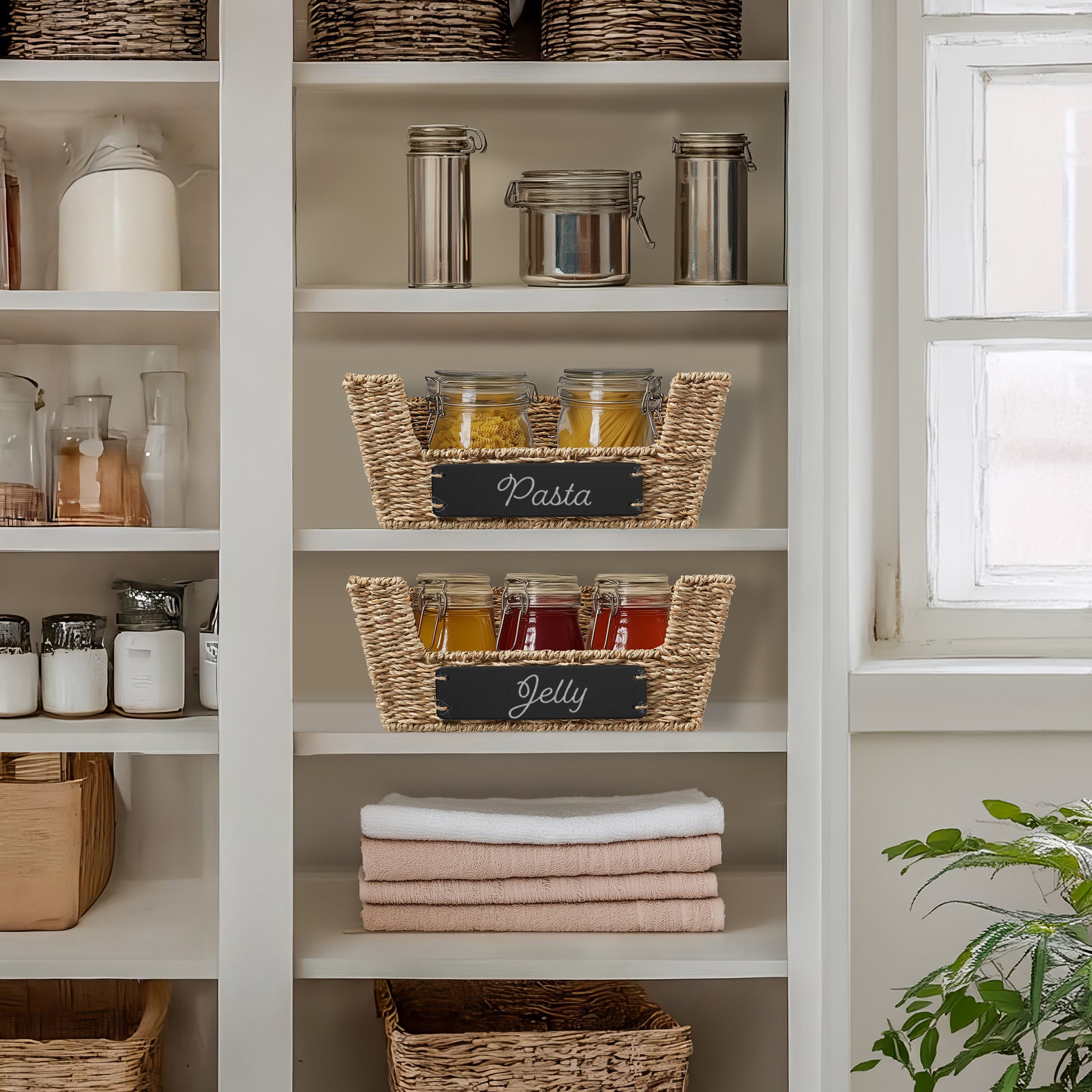 2Pk Wide Pantry Baskets, Wicker Hyacinth Seagrass Kitchen Shelf Storage Bins
