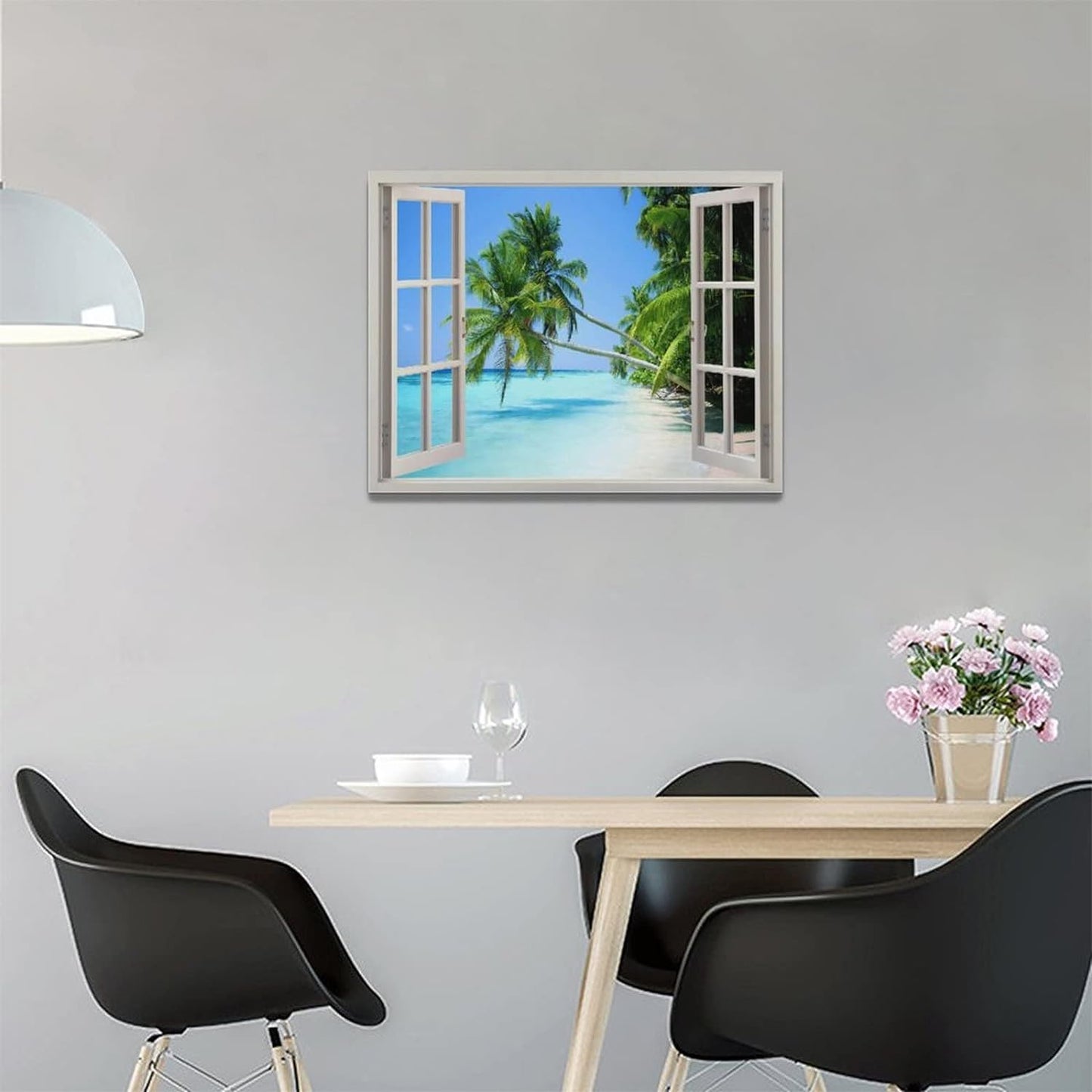 Tropical Palm Beach Wall Art Coastal Ocean Bathroom Pictures Wall Decor 3D Window Canvas Prints Framed Modern Seascape Landscape Painting Artwork for Living Room Hotel Kitchen Offic 16"X12"