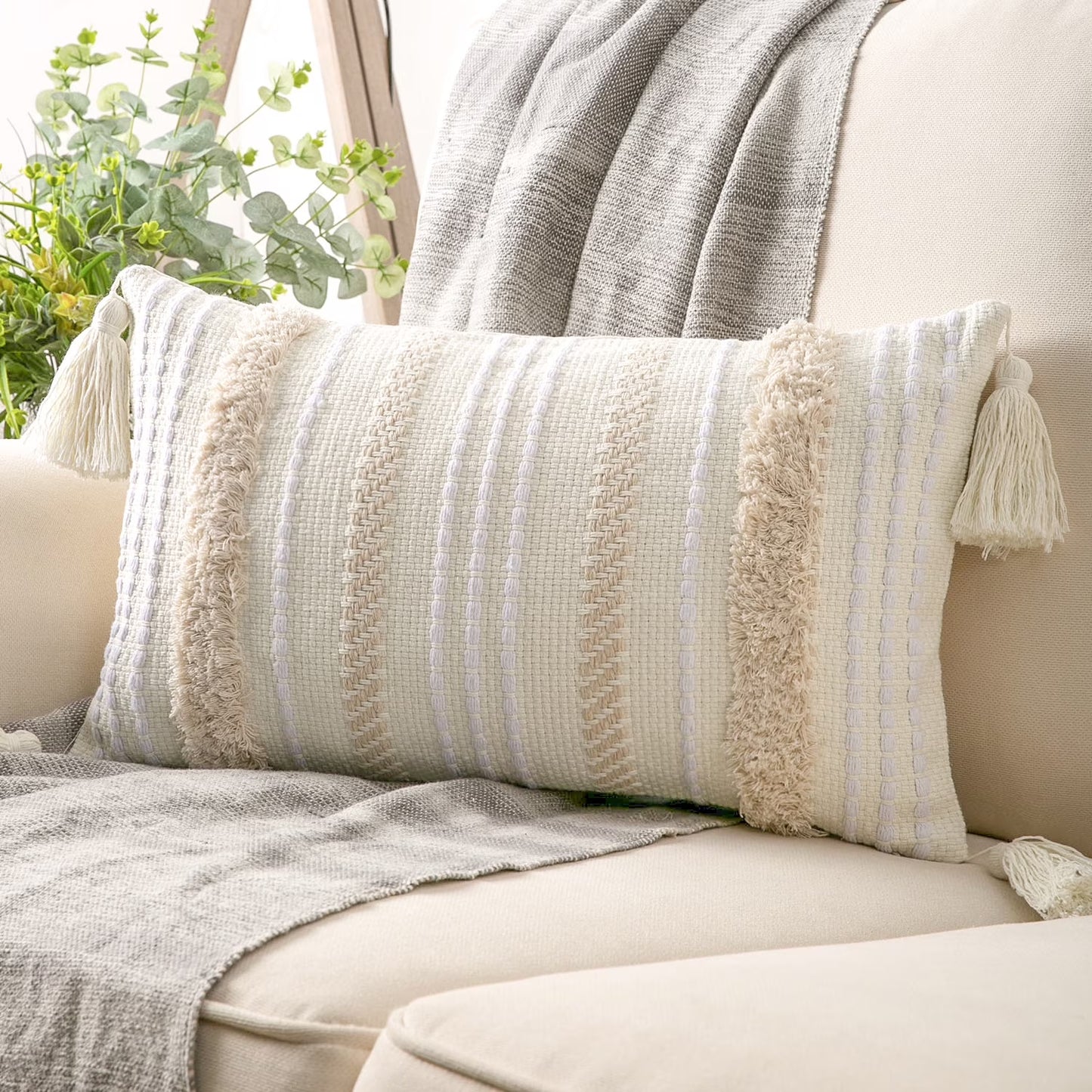 Boho Woven Tufted with Tassel Series Decorative Throw Pillow, 12" X 20", Cream White Stripe, 1 Pack