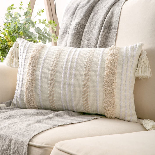 Boho Woven Tufted with Tassel Series Decorative Throw Pillow, 12" X 20", Cream White Stripe, 1 Pack