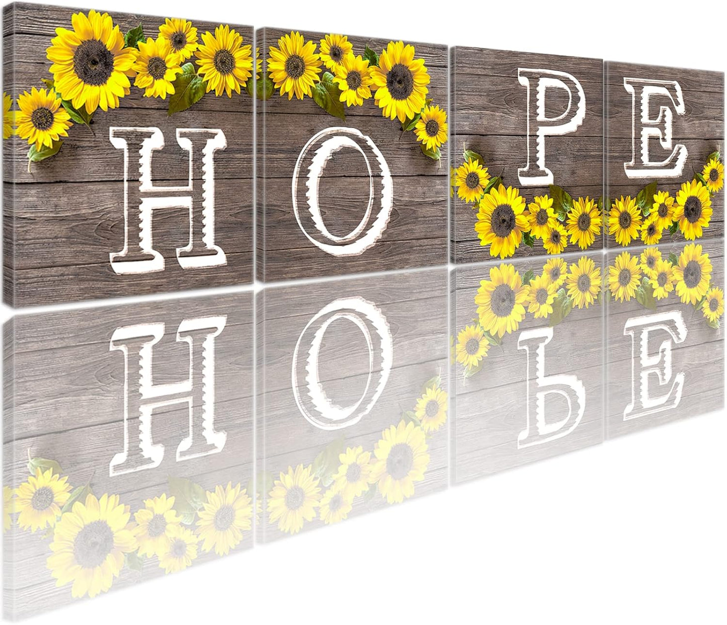 Hope Sign Sunflower Wall Art for Living Room Bathroom Decor Wall Art Set, Kitchen Wall Art Farmhouse Wall Art, 4 Piece Motivational Canvas Wall Art Prints Pictures for Bedroom Wall Decor