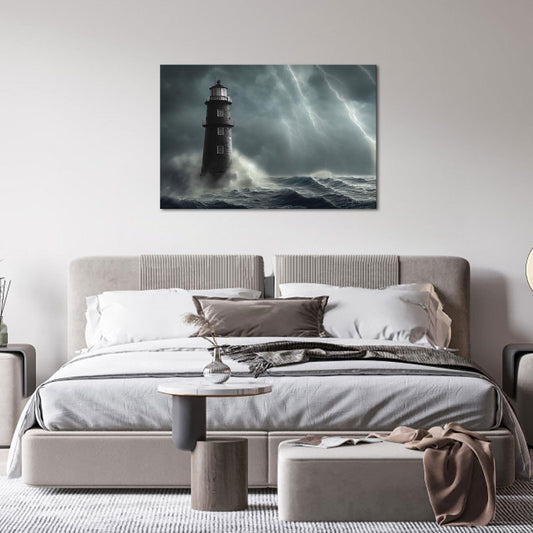 Artsbay Lighthouse Wall Art Black and White Nautica Storm Ocean Wave Seascape...