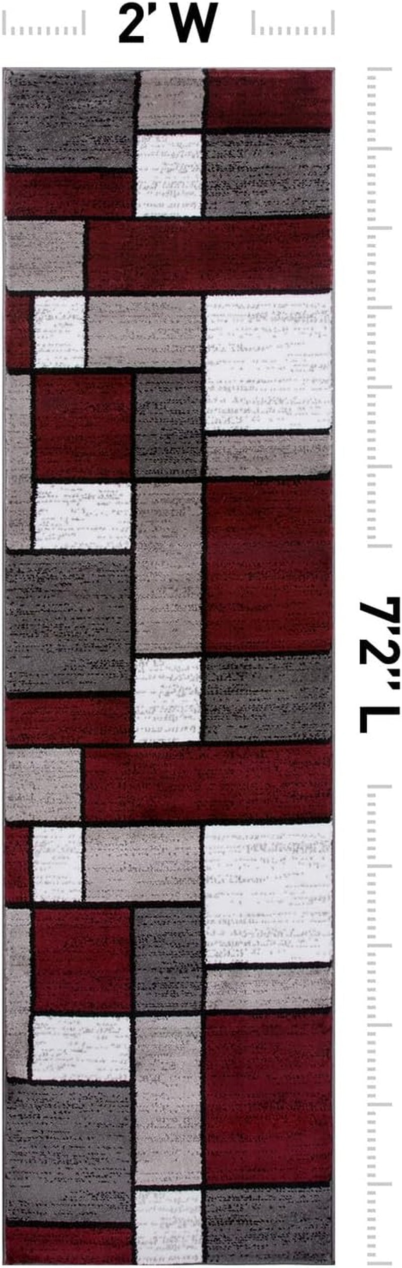 Modern Geometric Boxes Red Area Rug, Carpet with Jute Backing for Hallway, Entryway, or Laundry Room, 2' X 7'2"