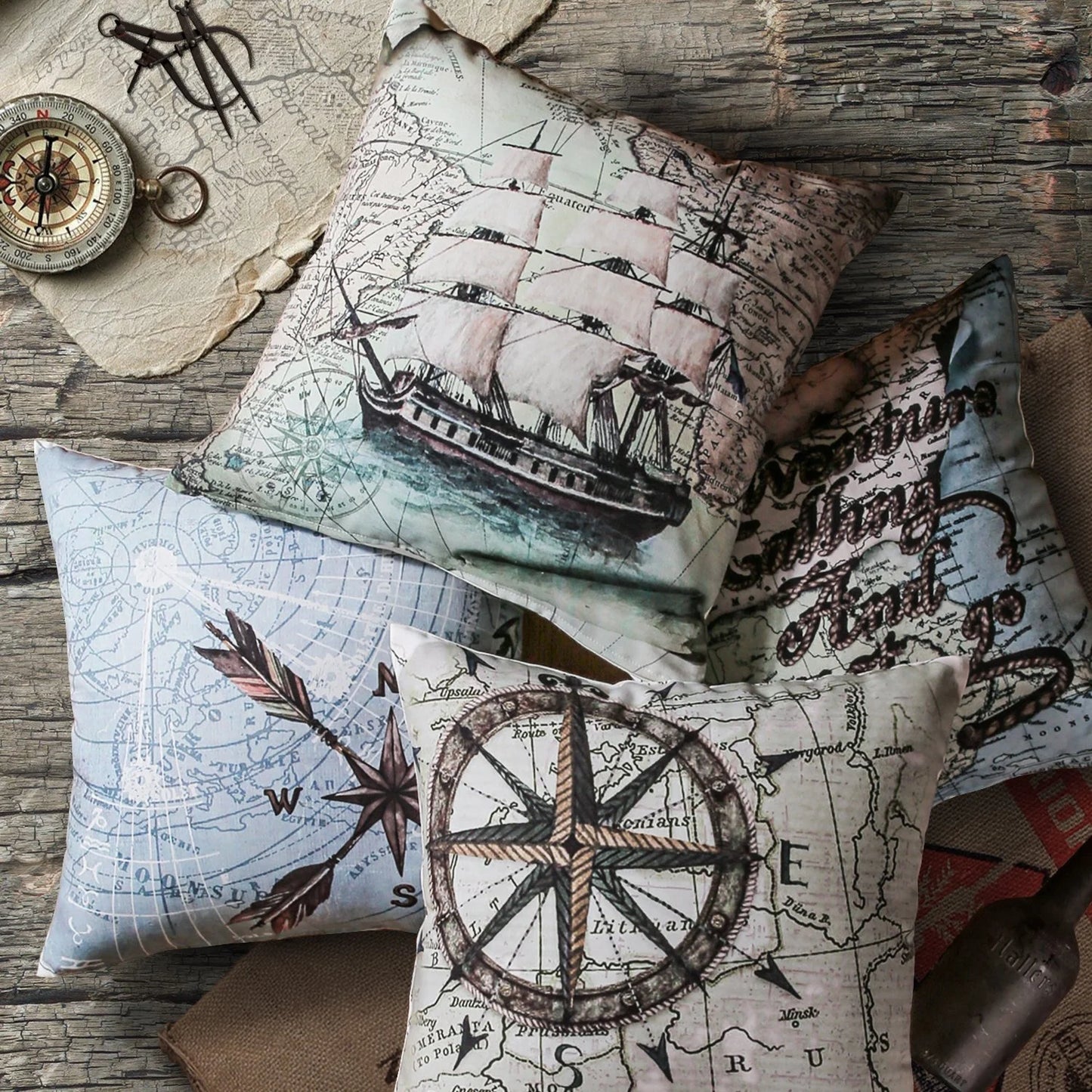 18" X 18" Coastal, Modern, Contemporary, Transitional Blue Navigation Polyester Throw Pillow , ( 4 Count)