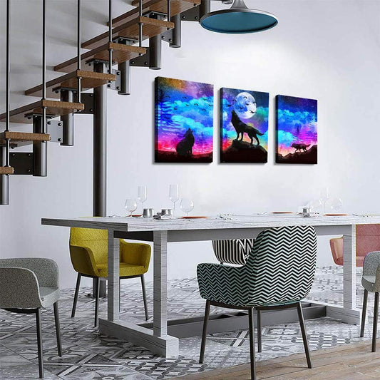 Canvas Wall Art for Living Room Large Size Wall Decor for Bedroom Office Decor Artwork Modern 3 Pieces Framed Canvas Art Prints Ready to Hang Wolf Pictures Blue Sky Auroral Painting Home Decoration