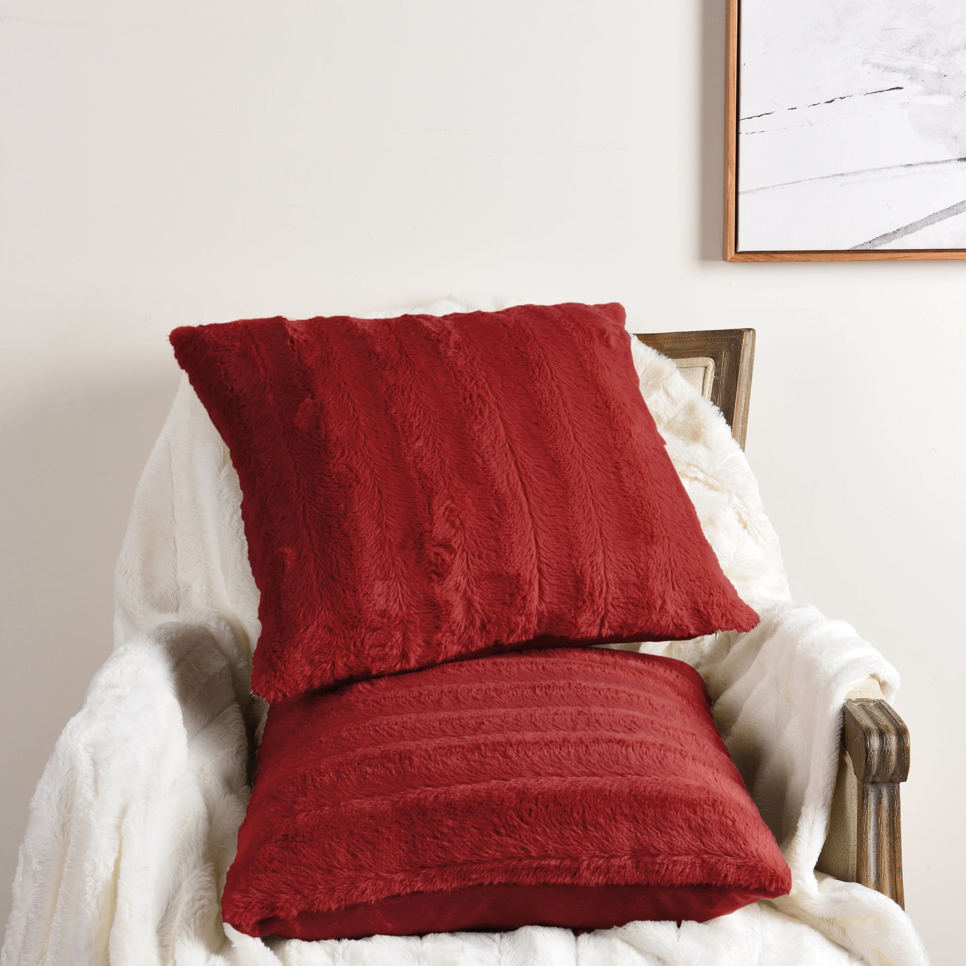 Decorative Faux Fur Throw Pillows 24" X 24", Set of 2 - Maroon
