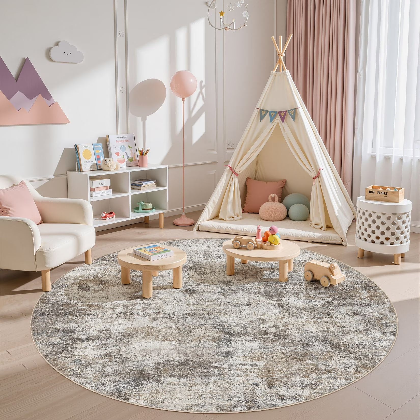 5'X5' round Washable Area Rugs for Living Room, Modern Abstract Printed Rug, Vacuum-Friendly, Non Slip Indoor Rug for Bedroom Entryway Home Decor Carpet, Gold Brown