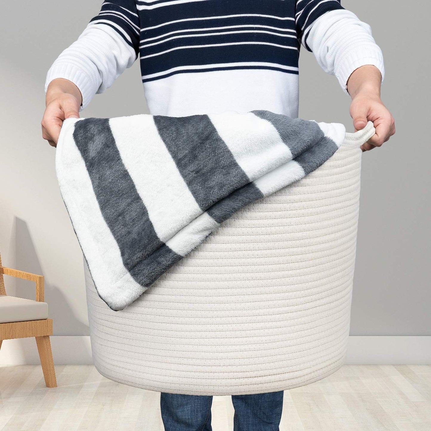 Rope Baskets 17"X17"X15" Large Storage Baskets,Woven Nursery Bins,Cotton Baskets,,White Basket,Blanket Storage Baskets,Off White