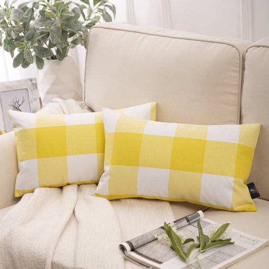 Buffalo Checker Plaid Farmhouse Summer Square Decorative Throw Pillow for Couch, 12" X 20", Yellow/White, 2 Pack