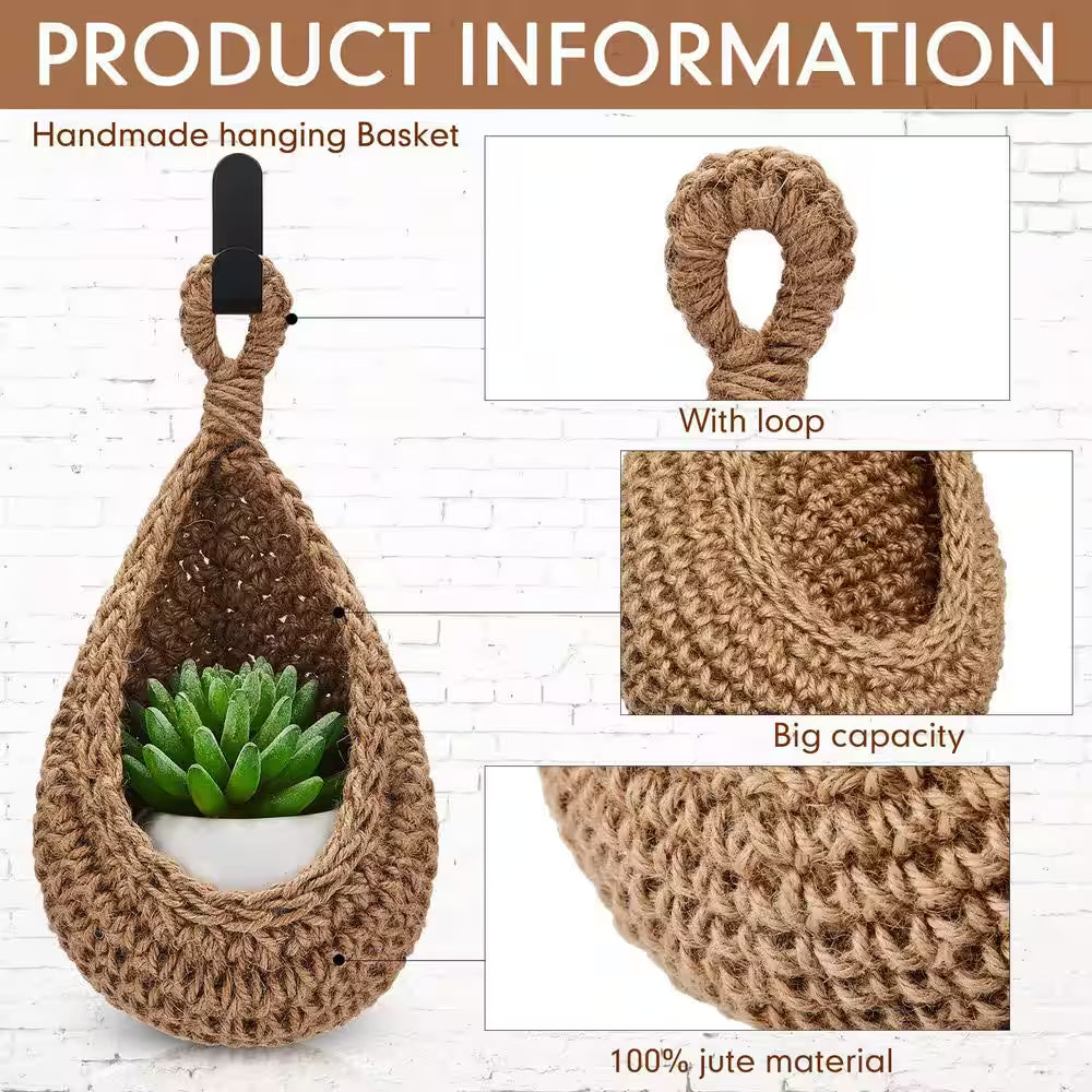 3 Piece Boho Decor Hanging Wall Baskets for Kitchen, Teardrop Storage Baskets with Hooks, Brown Hemp Rope Organizer