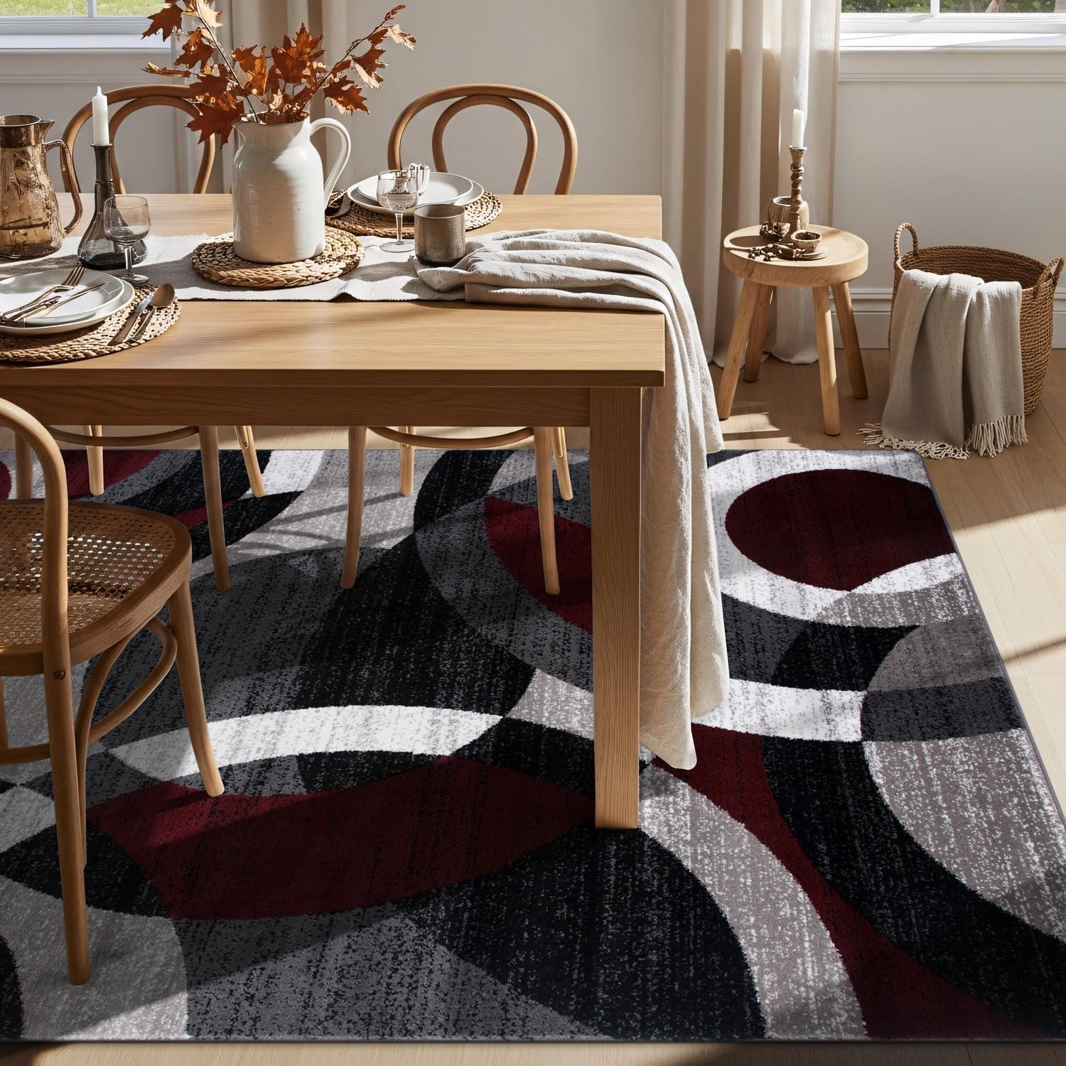 Red Modern Geometric Indoor Area Rug, Overlapping Circle Pattern, Fade Resistant, Non-Shedding, for Living Room, Bedroom and Home Office, 5'3" X 7'3"