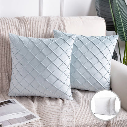 18" X 18" Modern Light Blue Plaid Velvet, Polyester Throw Pillow , ( 2 Count)