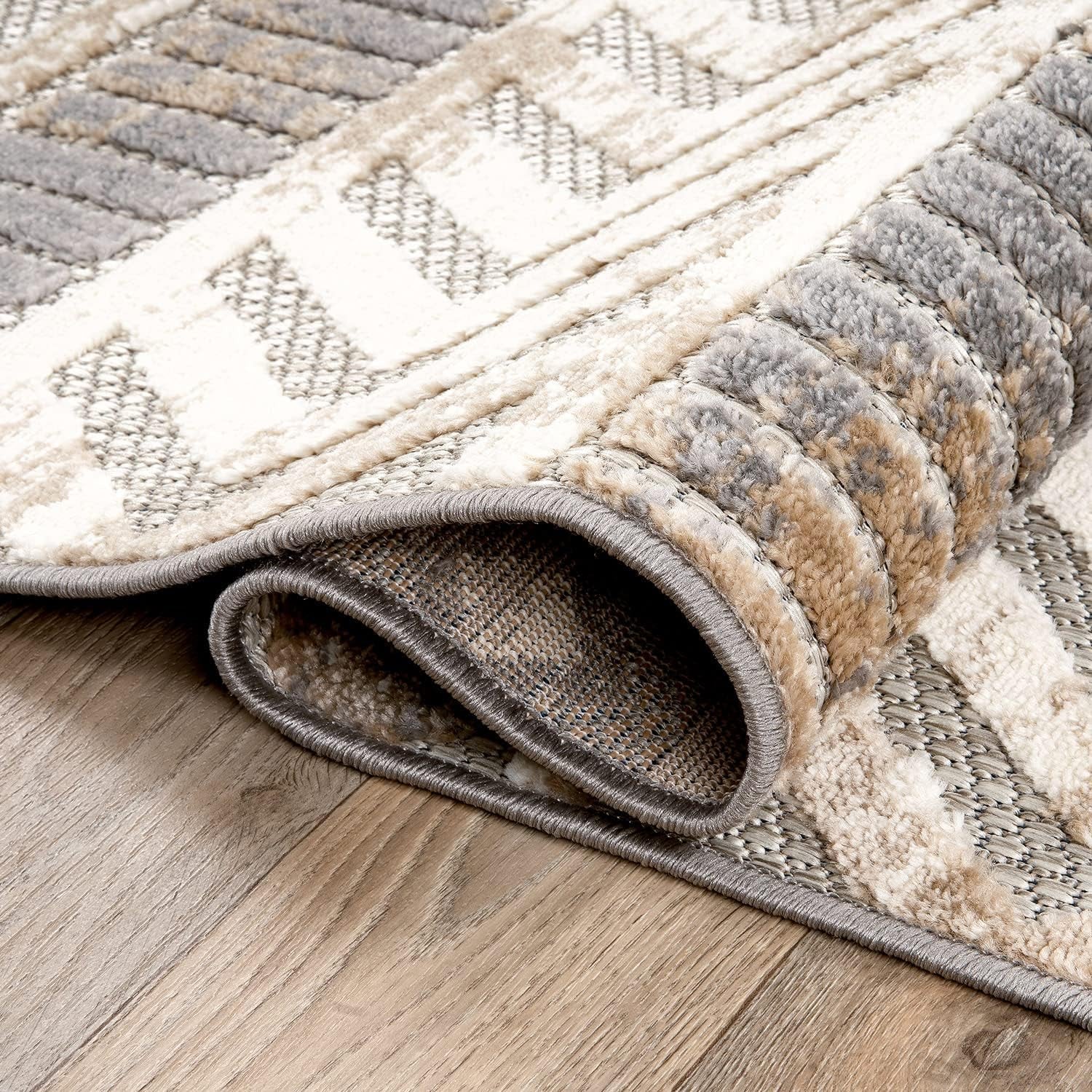 Distressed Geometric Indoor/Outdoor Beige Runner Rug Modern Tribal Stripe, Durable Stain Resistant Low Profile Perfect for Patio, Backyard, Deck and Outdoor Lounge 2' X 7'