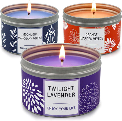 Scented Candle Gift Set for Women, 3 Pack Large Soy Wax Candles in Tins, 6.2 Oz Each, 35-40 Hr Burn, Lavender, Orange Blossom & Mahogany Woods