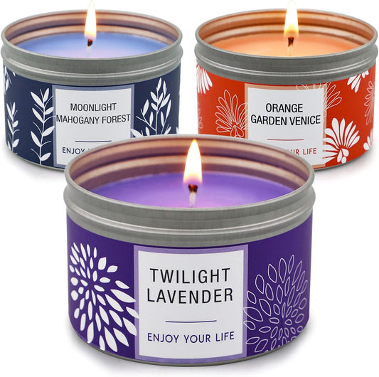 Scented Candle Gift Set for Women, 3 Pack Large Soy Wax Candles in Tins, 6.2 Oz Each, 35-40 Hr Burn, Lavender, Orange Blossom & Mahogany Woods