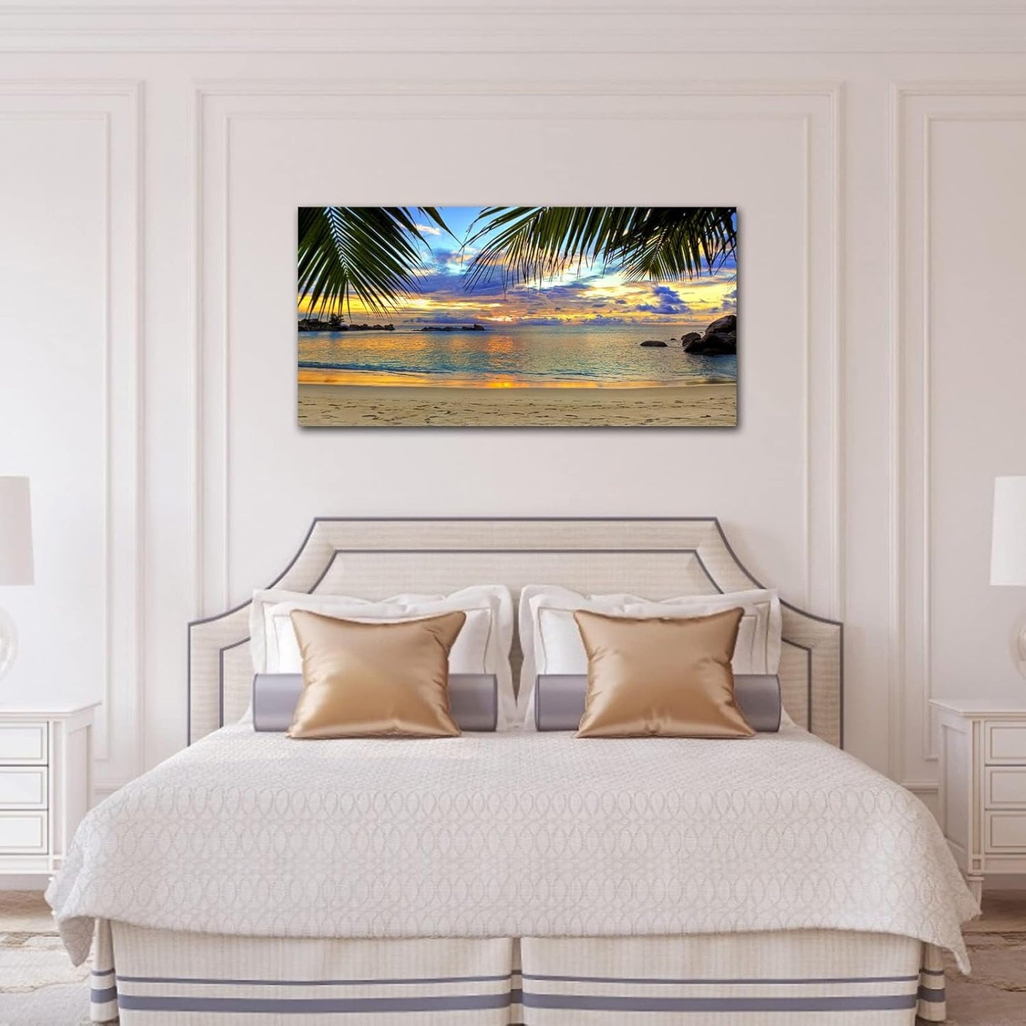 Tropic Beach Sunset Canvas Art - Large Palm Tree Ocean Landscape 29" X 58