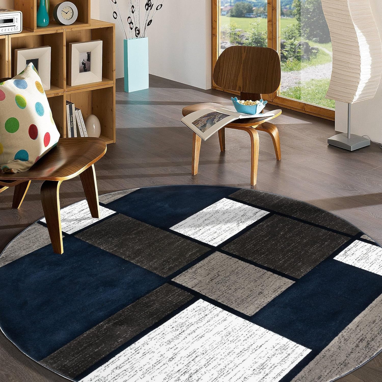 Contemporary Modern Boxes Area Rug 6' 6" Navy (6' 6" Diameter)
