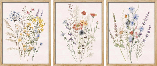 Framed Canvas Print Wall Art Set - Multicolor Wildflowers Poster Art - Set of 3 Watercolor Nature Wilderness Floral Botanical Vintage Wall Décor for Living Room - 11"X14" Natural