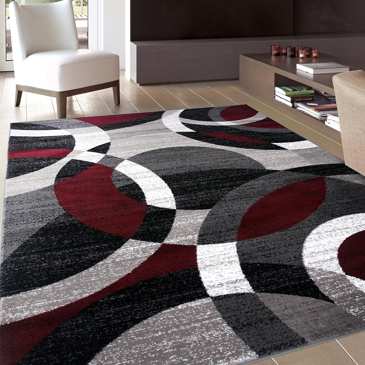 Red Modern Geometric Indoor Area Rug, Overlapping Circle Pattern, Fade Resistant, Non-Shedding, for Living Room, Bedroom and Home Office, 5'3" X 7'3"