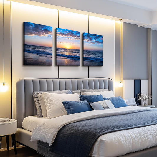 Set of 3 Wall Art Canvas Prints, Beach Sunrise Sunset Pictures Wall Decor Ocean Waves Nature Seascape Poster Coastal Landscape Painting for Living Room, Bedroom, Office Home Decor