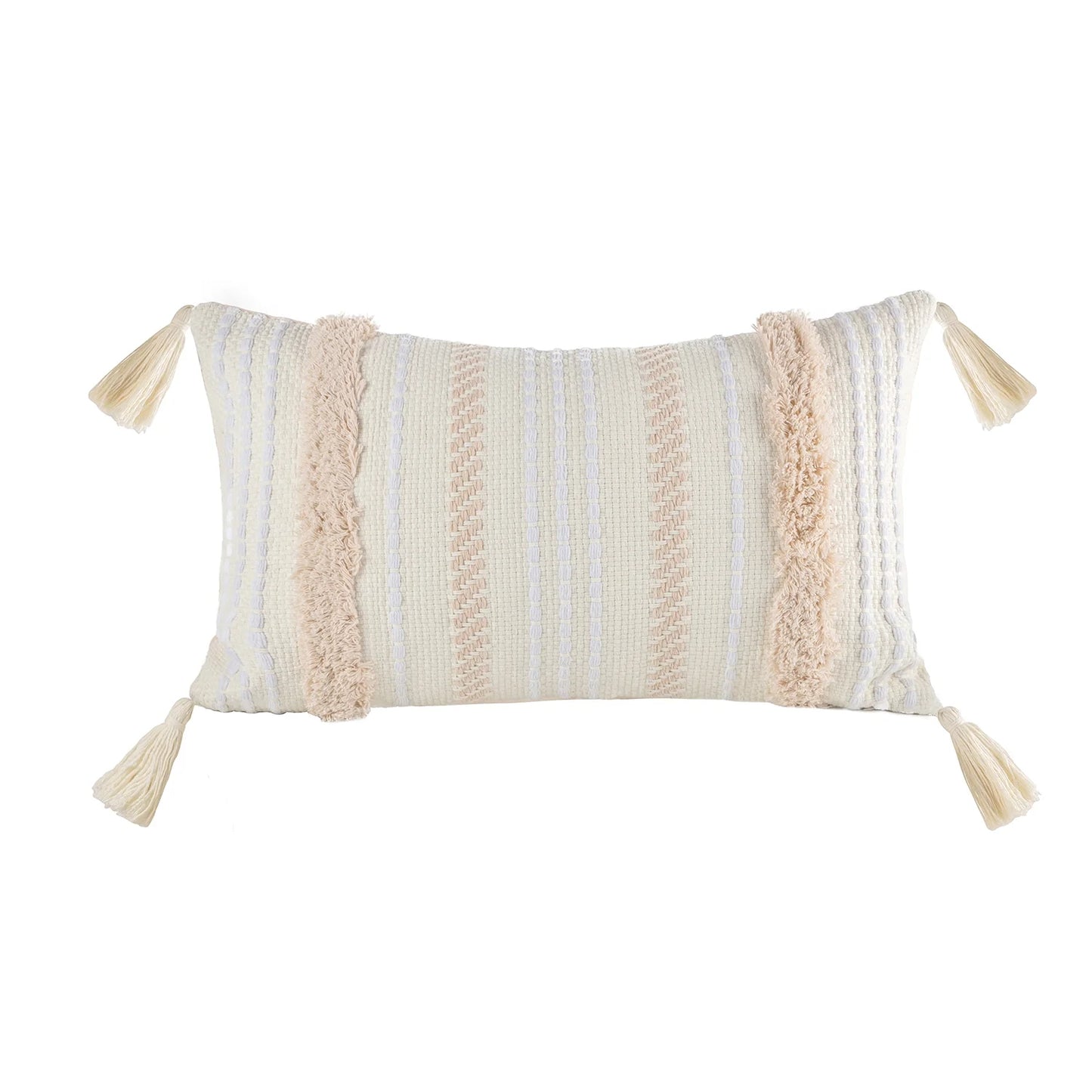 Boho Woven Tufted with Tassel Series Decorative Throw Pillow, 12" X 20", Cream White Stripe, 1 Pack