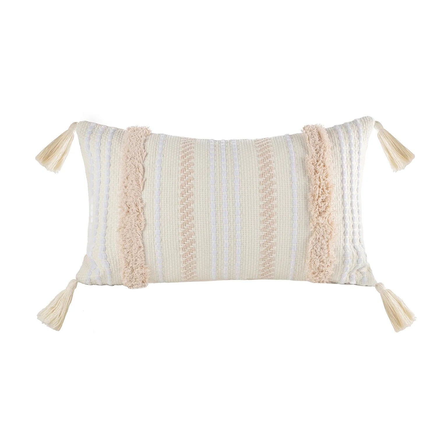 Boho Woven Tufted with Tassel Series Decorative Throw Pillow, 12" X 20", Cream White Stripe, 1 Pack