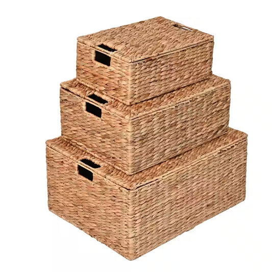 Brooks Classic Farmhouse Metal/Hyacinth Rectangular Storage Decorative Baskets with Lids and Handles, Natural (Set of 3)