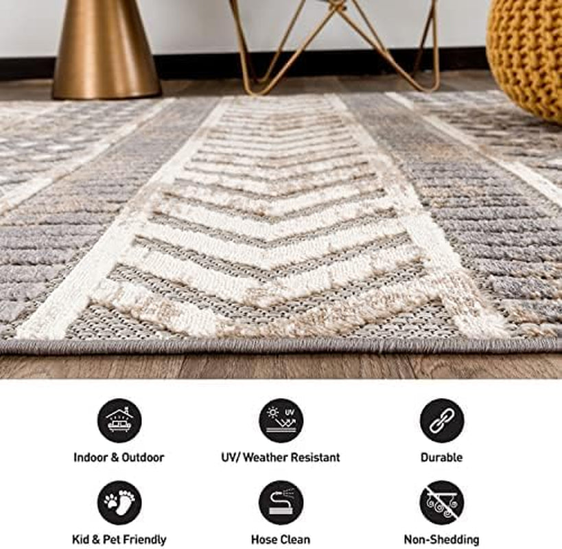 Distressed Geometric Indoor/Outdoor Beige Runner Rug Modern Tribal Stripe, Durable Stain Resistant Low Profile Perfect for Patio, Backyard, Deck and Outdoor Lounge 2' X 7'