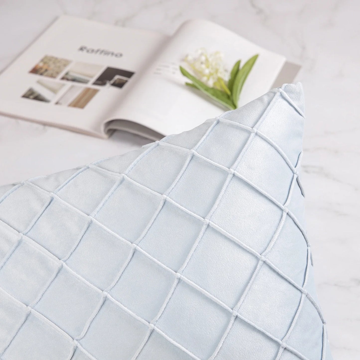 18" X 18" Modern Light Blue Plaid Velvet, Polyester Throw Pillow , ( 2 Count)