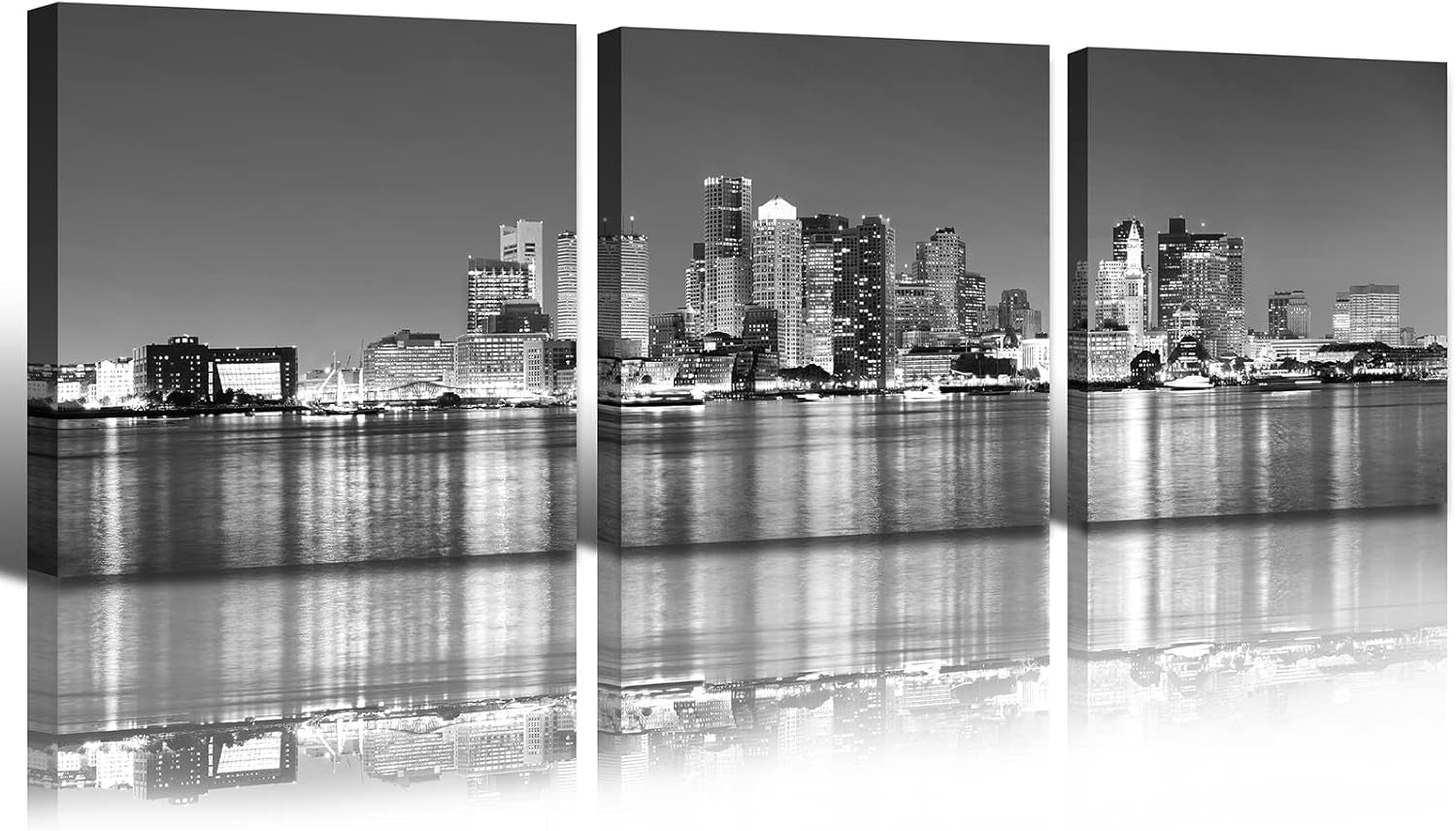 Boston Skyline Canvas Wall Art, Black and White City Night Scene Art Prints, Framed Panoramic Cityscape Pictures, Modern Living Room Bedroom Office Decor, Set of 3 (16X16 Inch)