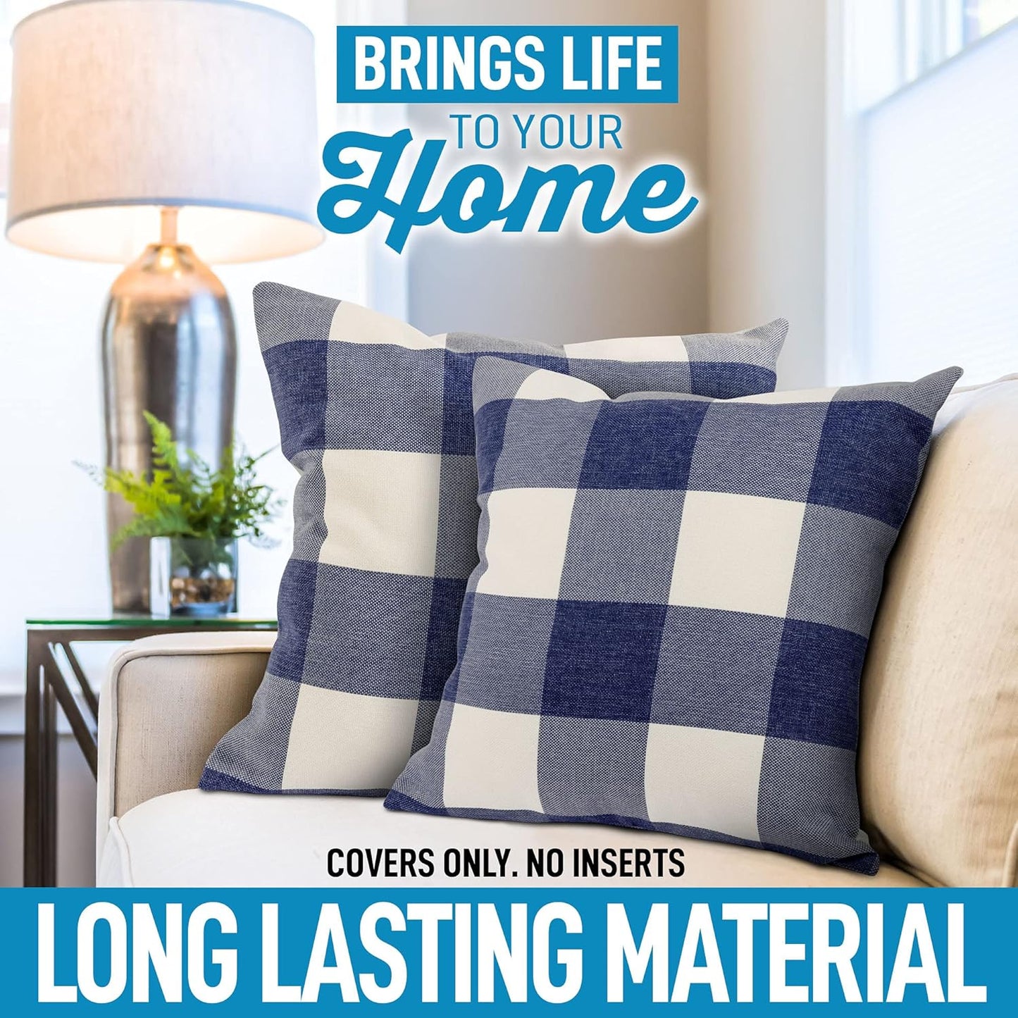 Pack of 2 Buffalo Plaid Throw Pillow Covers - Farmhouse Porch Pillows Outdoor & Indoor Covers - Polyester Buffalo Plaid Pillow Covers (16X16 Inch, Dark Blue & White)