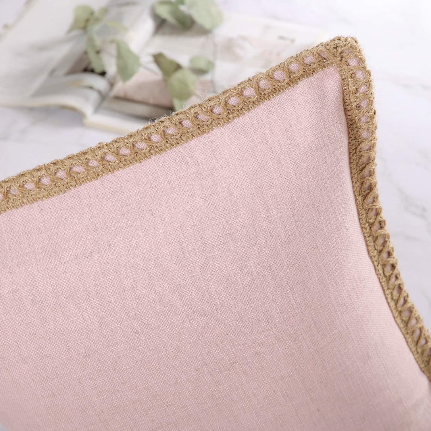 Linen Trimmed Farmhouse Series Decorative Throw Pillow, 20" X 20", Pink, 1 Pack