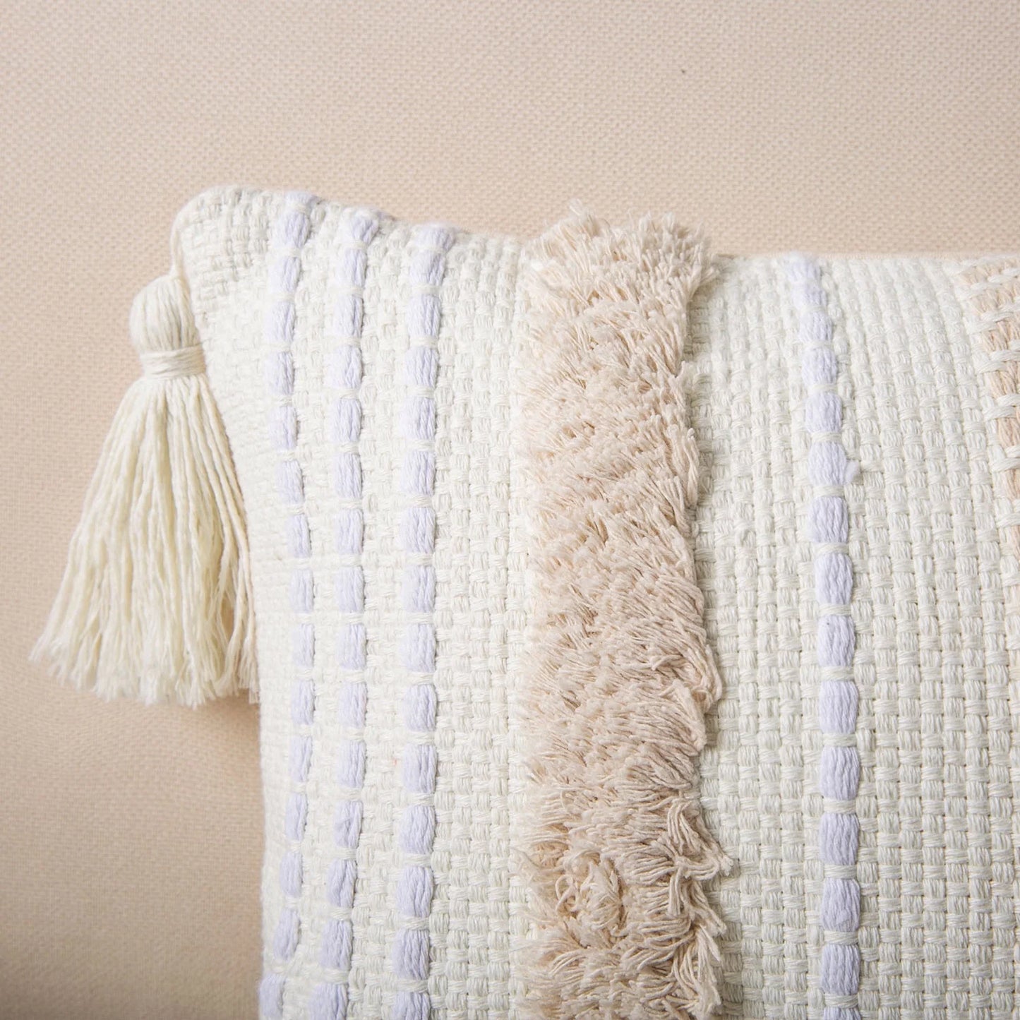 Boho Woven Tufted with Tassel Series Decorative Throw Pillow, 12" X 20", Cream White Stripe, 1 Pack