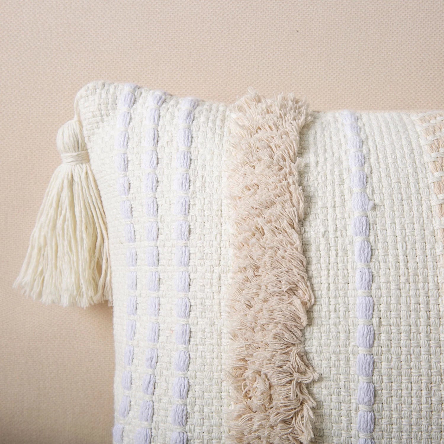 Boho Woven Tufted with Tassel Series Decorative Throw Pillow, 12" X 20", Cream White Stripe, 1 Pack